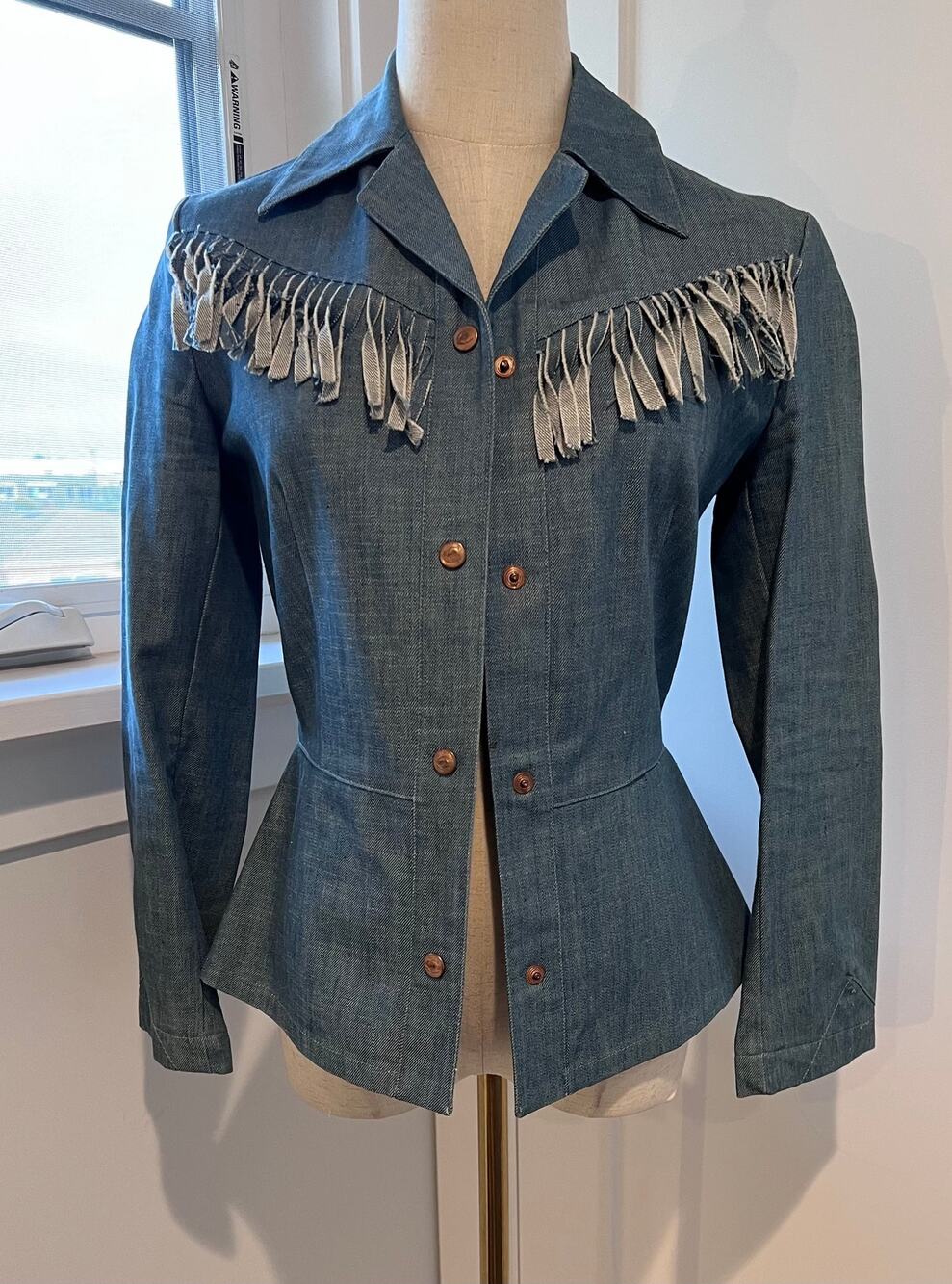 VTG 2004 JUST CAVALLI Denim Peplum Painted Rooster Fringe Jacket IT 38